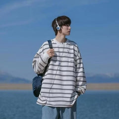 HEARUJOY  -  Men Autumn 2026 Striped Long Sleeve T Shirt Versatile High Street Embroidered Loose Trendy Casual Top