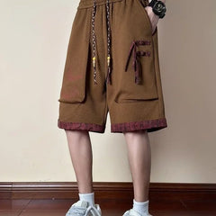 HEARUJOY  -  Long Button Bermuda with Pockets Short Pants for Men Elastic Waist Wide Half Khaki Loose Mens Cargo Shorts Draw String Baggy Y2k