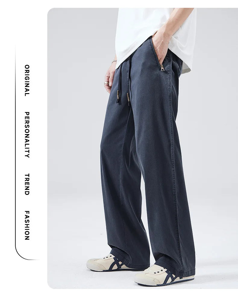HEARUJOY  -  Men's Summer Casual Pants Men Trendy Loose Fit Versatile Wide Leg Draped Straight Long Trsouers Elastic Waist