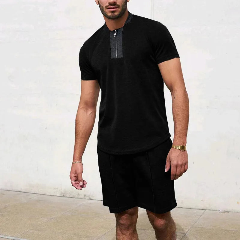 HEARUJOY  -  Men's Tracksuit 2 Piece Set Waffle V-neck Zipper Short Sleeve T Shirt And Shorts Summer Casual Fashion Sport Suit  Man Clothing