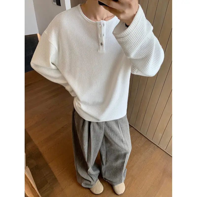 HEARUJOY  -  Spring Long Sleeved T-shirt Men Fashion Button White Casual T Shirt Men Streetwear Korean Loose Pleated T Shirt Mens Top M-2XL
