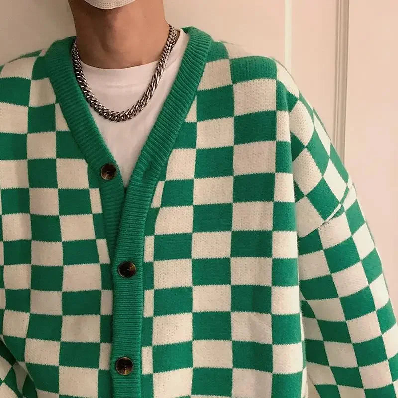 HEARUJOY  -  V Neck Man Clothes Knitted Sweaters for Men Green Plaid Cardigan Black Jumpers Sale Wool A Mode T Shirt Warm Korean Autumn S Fun