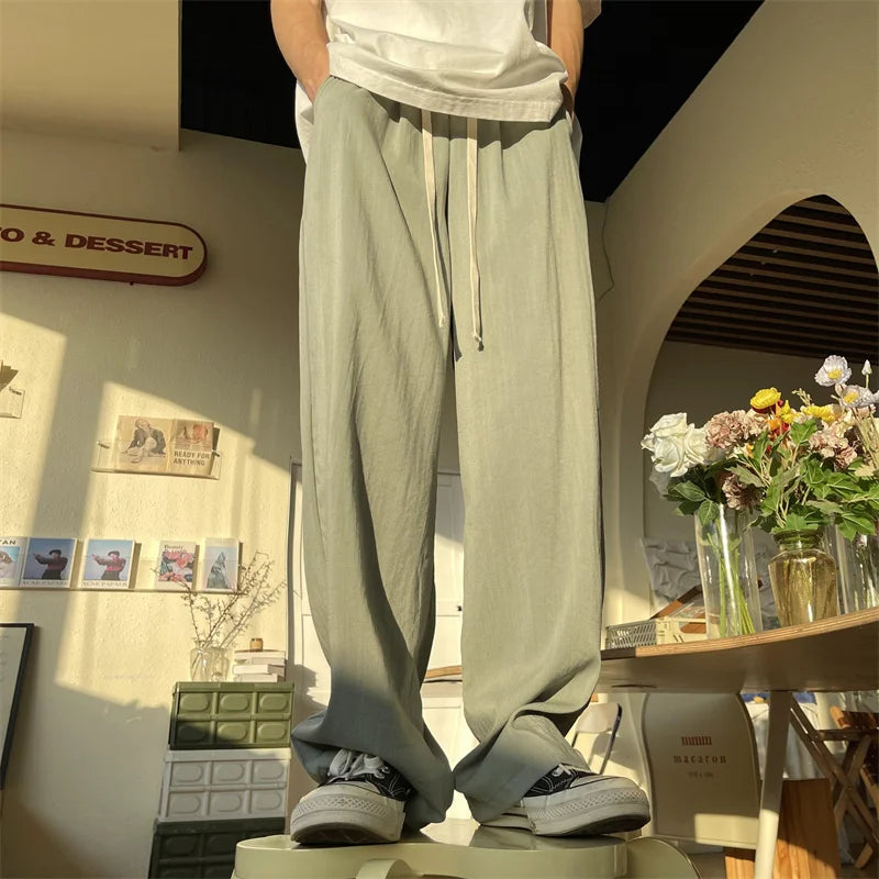 Hearujoy Summer Men's Casual Pants Loose Ice Silk Pants Simple and Comfortable Home White Casual Pants Baggy Sports Pants Black Gray Pink