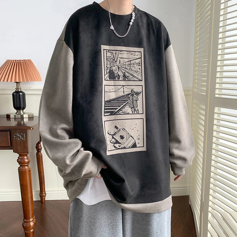 HEARUJOY  -  Mens Crewneck Sweatshirt Men Graffiti Oversized Japanese Streetwear Hip Hop Black Hoodie Men Sweatshirts Hoodies
