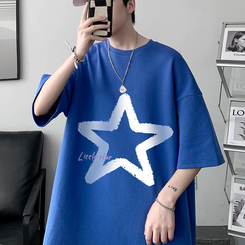 Hearujoy Little Star Printed Men's T Shirt Summer Fashion Casual Short Sleeve Tee Tops Mens Cotton Linen Oversized Hip-Hop T-shirt 5XL