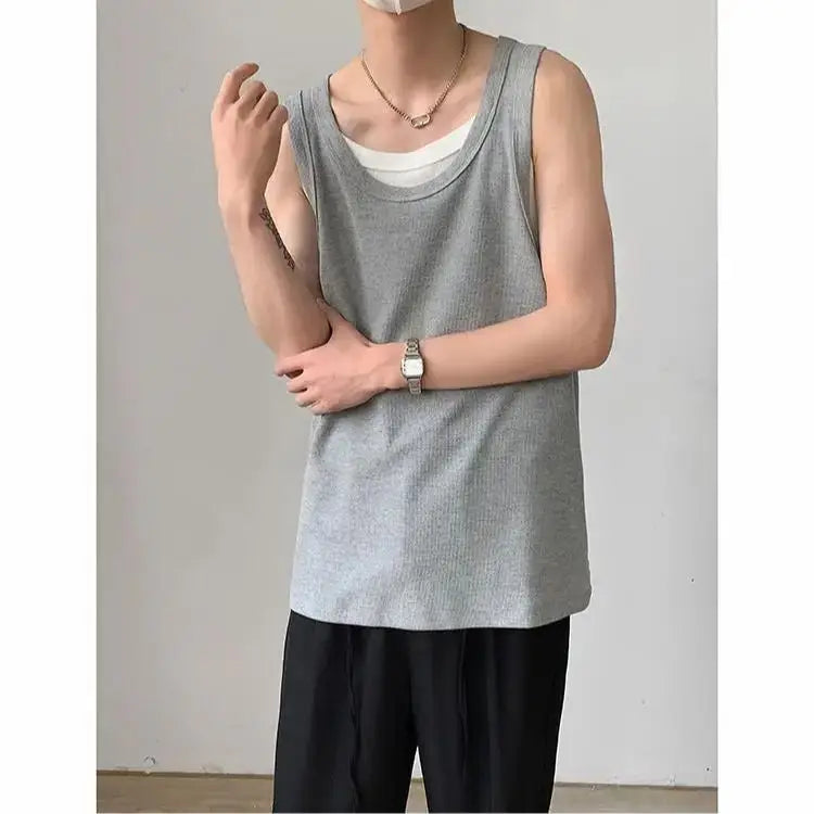 Hearujoy Summer Thin Fake Two Casual Loose Men's Sports Outer Sleeveless Vest American Old Man Fitness Shirt Tops