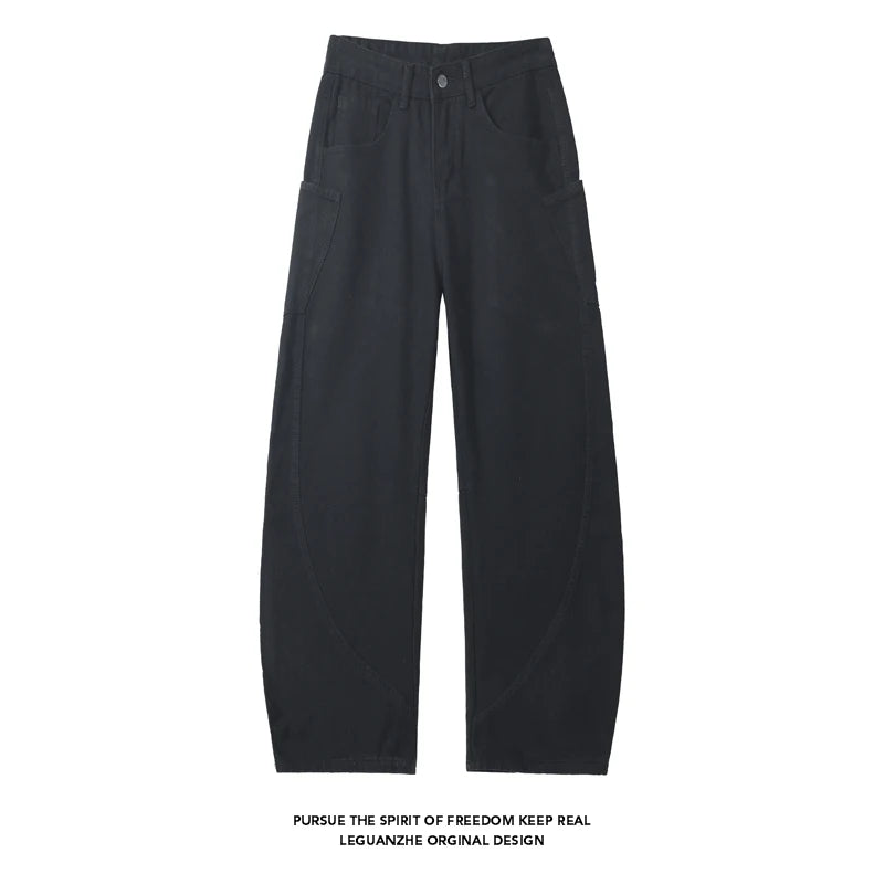 HEARUJOY  -  New Washed Jeans Street Trousers Male Denim Pants Solid Color Wide Leg Pant Button Casual Streetwear Hip Hop Oversized version