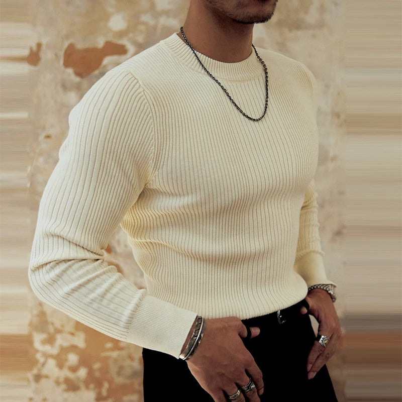 HEARUJOY  -  Trendy Bottoming Tees Mens Knitted Solid Color Texture Long Sleeve T-shirts For Men Spring Fall Stylish Slim Stretch O Neck Tops