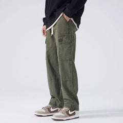 HEARUJOY  -  Streetwear Fashion Men Full Cargo Pants Spring Autumn Harajuku Vintage Oversize Solid Casual Male Loose Wide Leg Denim Trousers