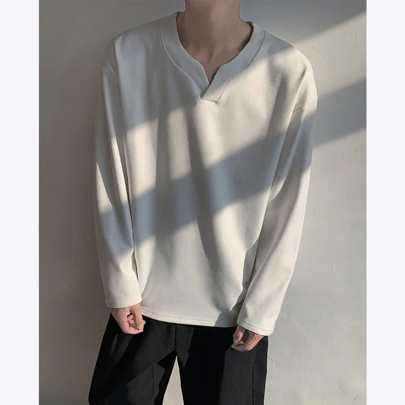 HEARUJOY  -  Spring Long Sleeved T-shirt Men Fashion V-neck Pullover T Shirt Men Streetwear Korean Loose Pullover T Shirt Mens Top M-3XL