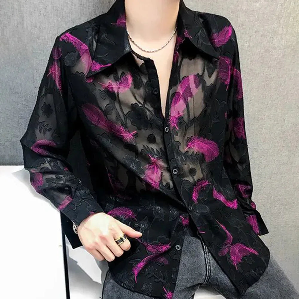 Hearujoy 2024 New Mens Genderless Sexy Nightclub Feather Embroidered Mesh Shirt Fashionable Elegant Casual Loose Unisex Long Sleeve Shirt