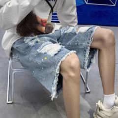 HEARUJOY  -  Loose Wide Ripped Bermuda Big Size with Pockets Half Long Baggy Oversize Short Jeans Pants for Men Man Denim Shorts Popular Emo