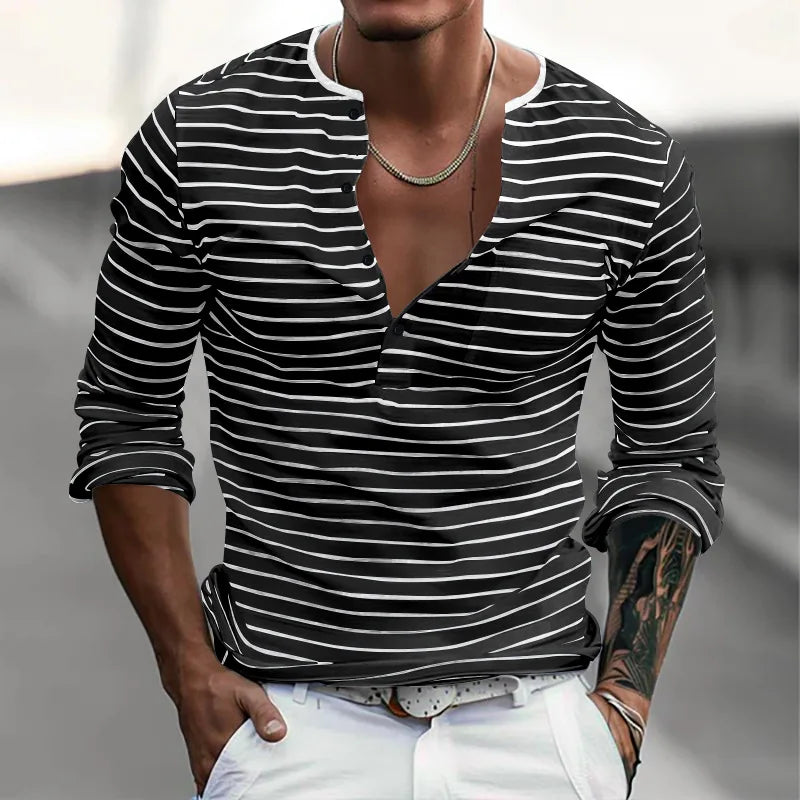 HEARUJOY  -  Men's Spring and Autumn Long Sleeve V-neck Button-down T-shirt Slim-fit Henley Shirt Horizontal Striped Top