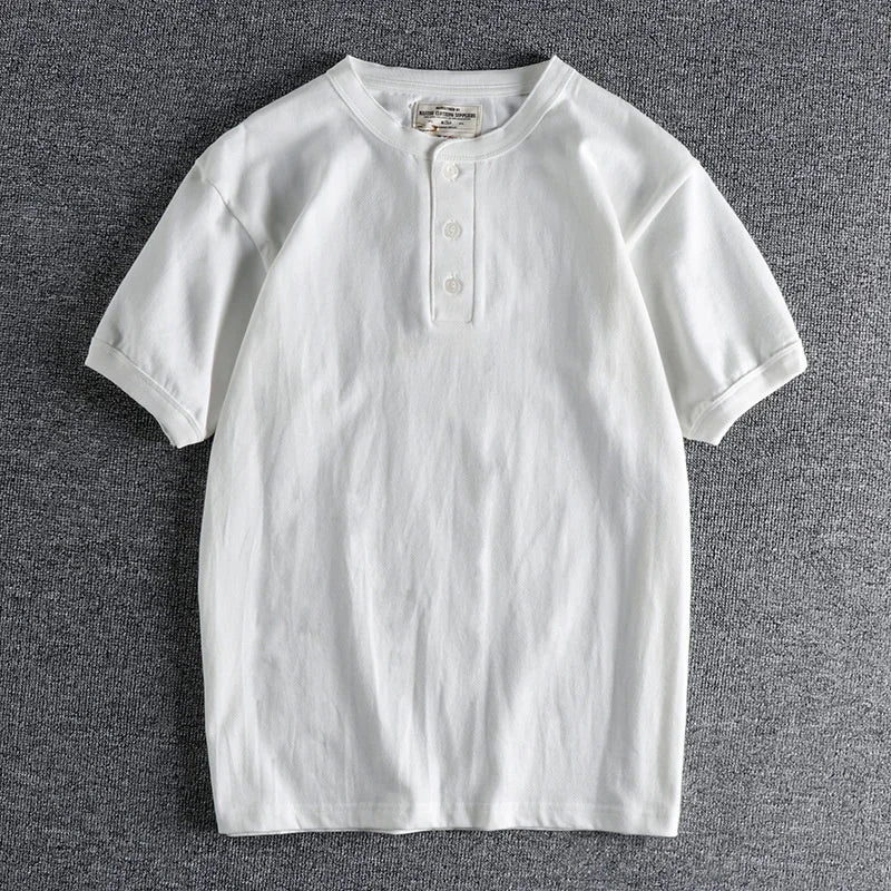 HEARUJOY  -  Tough Guy Style Heavyweight Wash Cotton Henry Neck Short Sleeve T-shirt Men's Summer Personalized Versatile Tops Tee Sold Color