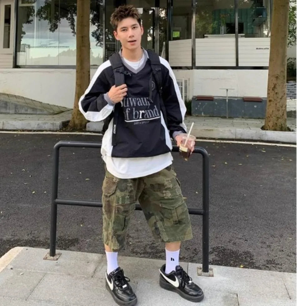 HEARUJOY  -  Spring American Trendy Mens T-shirt Spring Autumn Hip Hop Emblem Embroidery Long Sleeved Tops Color Block Loose Male Tees