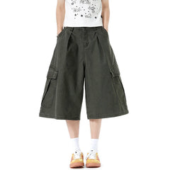 HEARUJOY  -  Vintage Men's Shorts Fashion Trend Fold Washed Distressed Adjustable Multi-pocket Male Jorts Over Knee Length 9W3516
