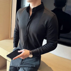 HEARUJOY  -  Thick woolen shirt For Men Autumn Winter Solid Color Slim Fit Warm Top High Quality Long Sleeve Stand Collar Shirt Streetwear