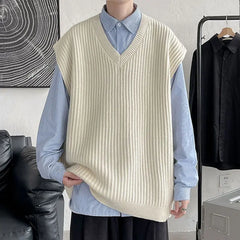 HEARUJOY  -  Men's Knitted Sweater Spring Autumn Casual Vest Korean Fashion Solid Sleeveless Baggy Knit Bottoming Vest Male Clothes R106