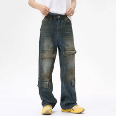 Hearujoy High Street Men's Denim Pants Loose Worn-out Washed Multi-pockets Straight Wide Leg Male Jeans Contrast Color Bottom 9C7029