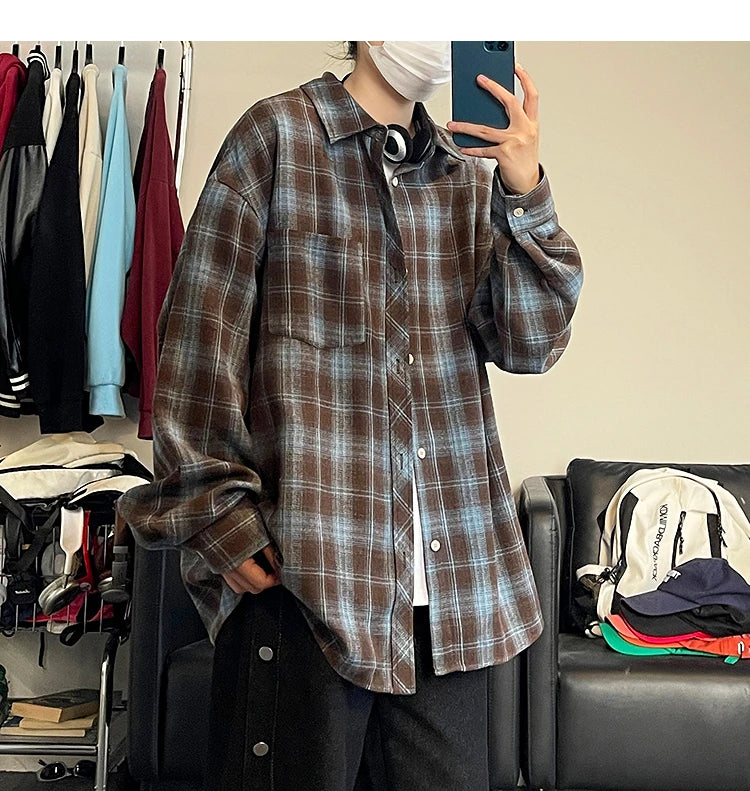 HEARUJOY  -  5XL Long Sleeved Shirt Men Oversized Retro Plaid Shirt Men Japanese Streetwear Loose Casual Shirt Mens Vintage Shirts Plus Size