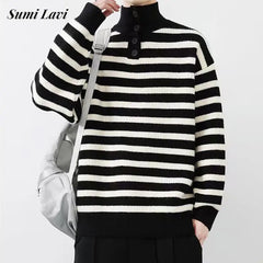 HEARUJOY  -  Fall Winter Daily Casual Men's Sweater Stylish Striped Crochet Knitted Pullover Men Fashion Turtleneck Buttoned Sweaters