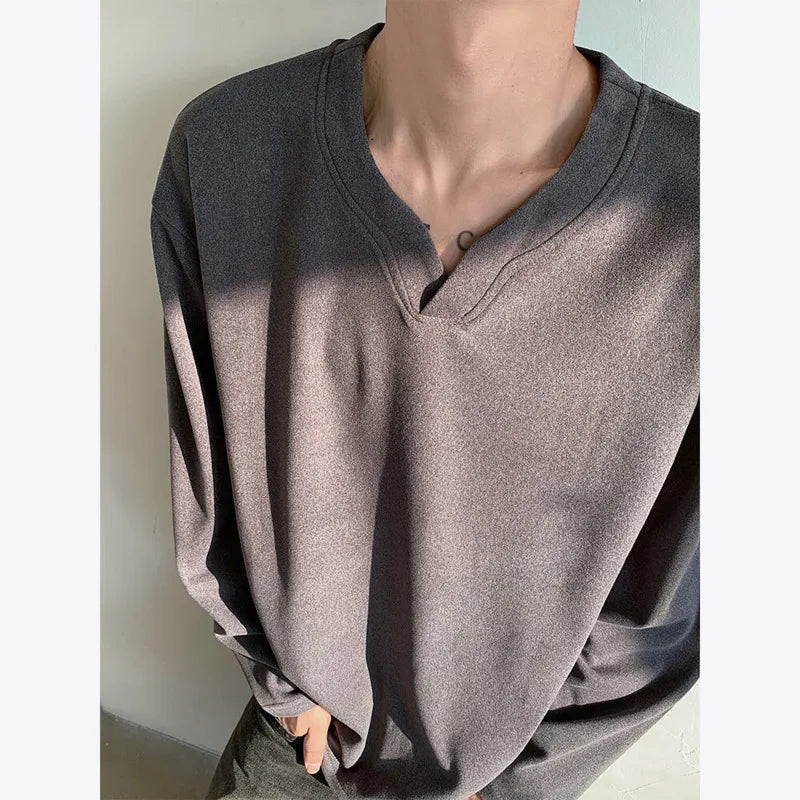 HEARUJOY  -  Spring Long Sleeved T-shirt Men Fashion V-neck Pullover T Shirt Men Streetwear Korean Loose Pullover T Shirt Mens Top M-3XL