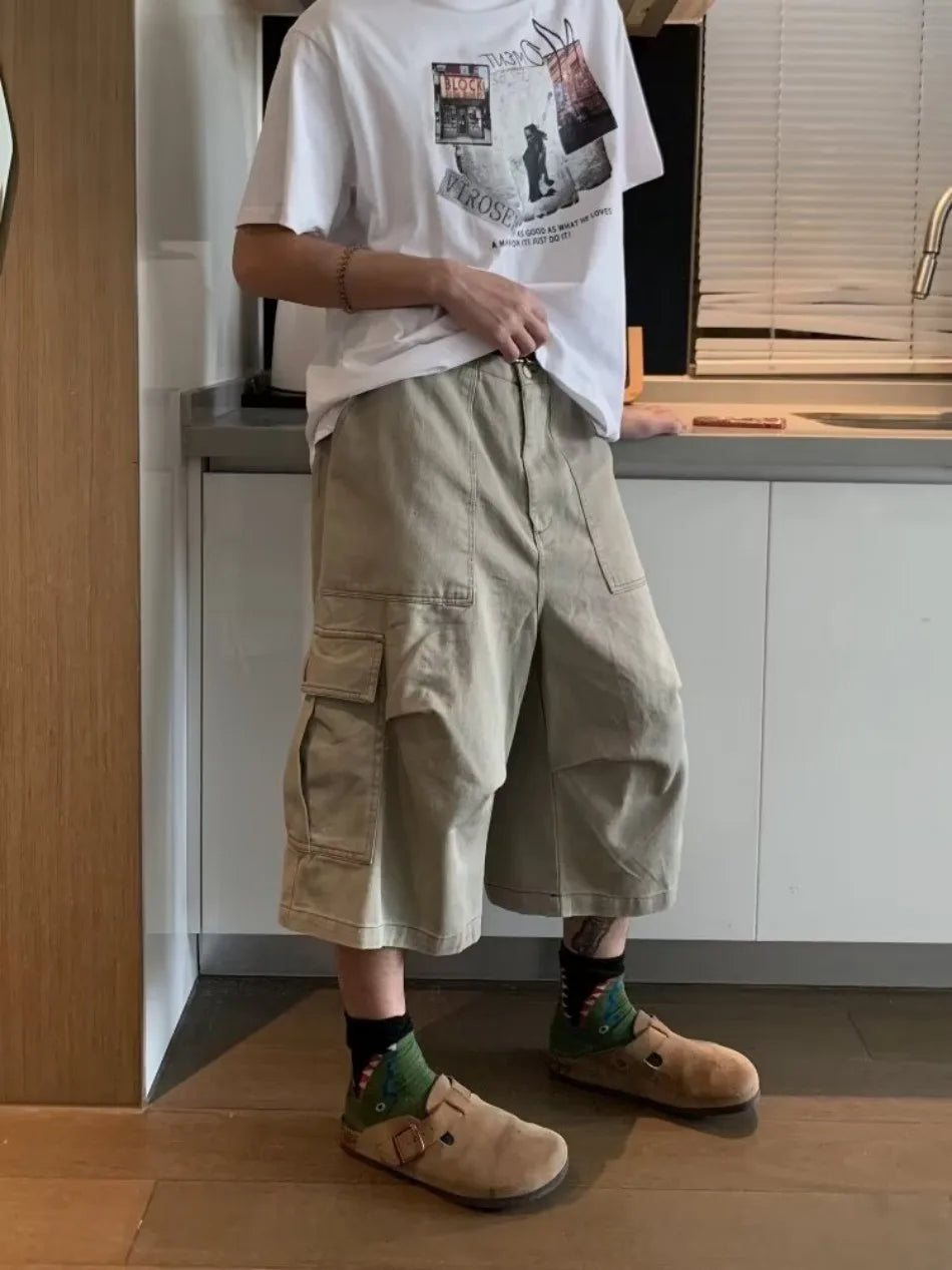 HEARUJOY  -  Cargo Cropped Pants Mens Summer New Multiple Pockets Casual Wide Leg Tooling Shorts Street Retro Paratrooper Overalls Thin