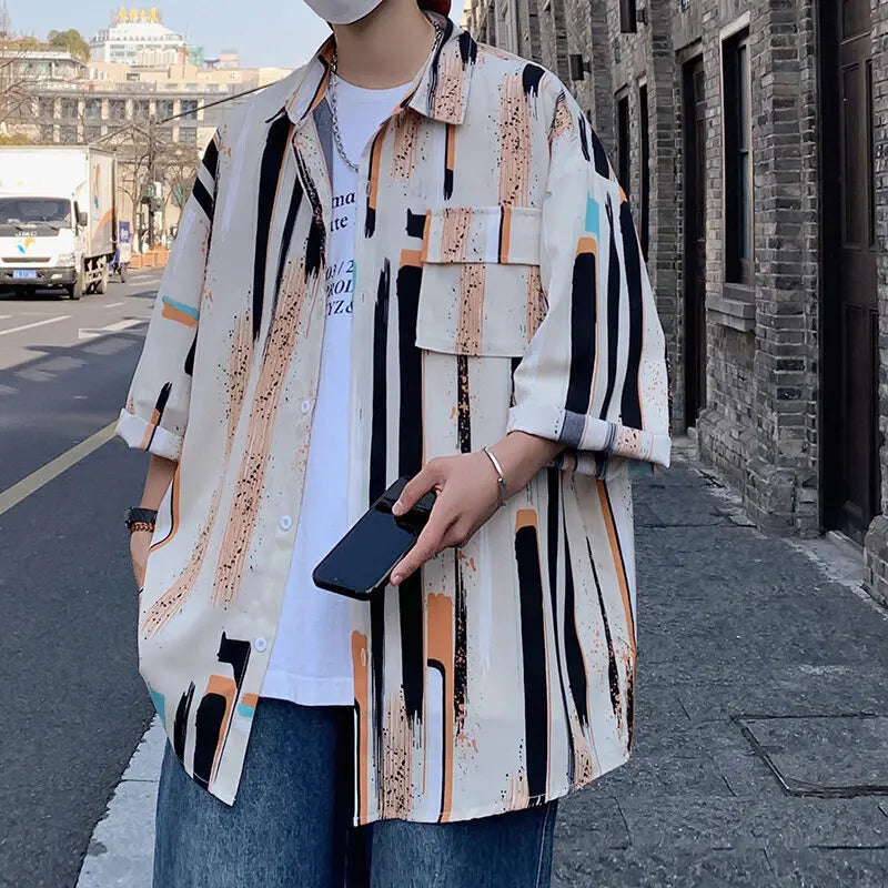 HEARUJOY  -  Summer Short Sleeved Shirt Men Fashion Printed Casual Shirt Men Streetwear Hip-hop Loose Striped Shirt Mens Hawaiian Shirts
