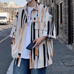 HEARUJOY  -  Summer Short Sleeved Shirt Men Fashion Printed Casual Shirt Men Streetwear Hip-hop Loose Striped Shirt Mens Hawaiian Shirts