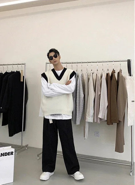 HEARUJOY  -  White Striped Knitted Sweaters For Men Vest V Neck Man Clothes Sleeveless Waistcoat Thick Winter Old Cotton Wholesale Sale S