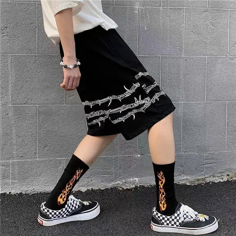 Hearujoy Summer trend ins dark high street hip-hop print personality casual shorts men's elastic waist tie quick-drying pants