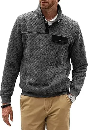 HEARUJOY  -  Men's Spring and Fall Quilted Sweatshirt Casual Long Sleeve Outdoor Stand Collar Button Pullover Sweatshirt