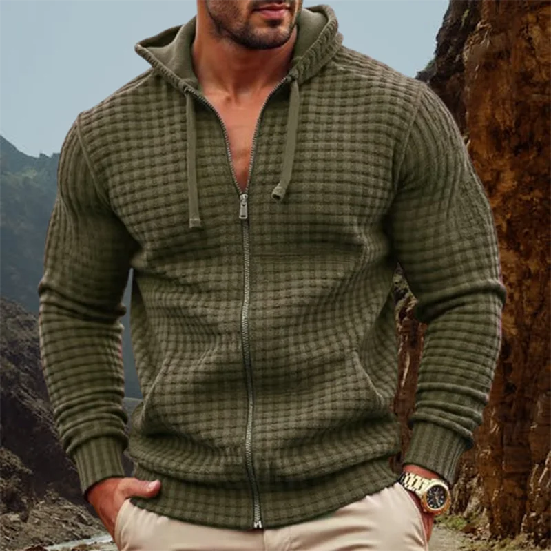 HEARUJOY  -  Stylish Loose Cardigan Tops Men Autumn Daily Casual Plaid Texture Zip-up Hooded Jackets For Mens Vintage Long Sleeve Jacket Coat