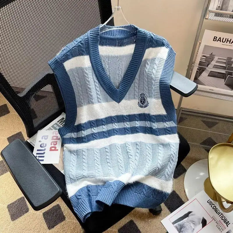 HEARUJOY  -  Men's Clothing Japanese Style Striped Embroidery Vintage All Match Sweater Vest Casual V Neck Sleeveless Loose Knitted Waistcoat