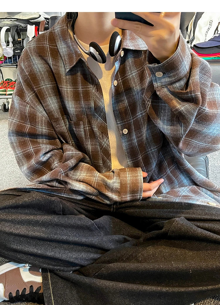 HEARUJOY  -  5XL Long Sleeved Shirt Men Oversized Retro Plaid Shirt Men Japanese Streetwear Loose Casual Shirt Mens Vintage Shirts Plus Size