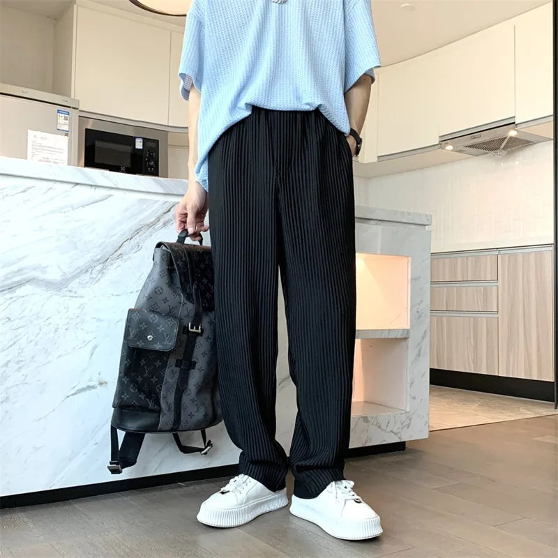 Hearujoy Summer Pleated Pants Men Fashion Oversized Ice Silk Pants Men Japanese Streetwear Loose Straight Pants Mens Casual Trousers