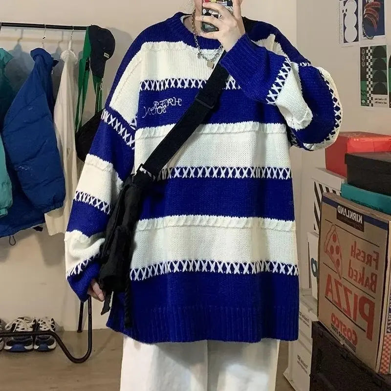 Hearujoy Patchwork Striped Men's Knitted Sweater Blue Pullovers Punk Black Sweaters Male Oversize Korean Streetwear Hip Hop