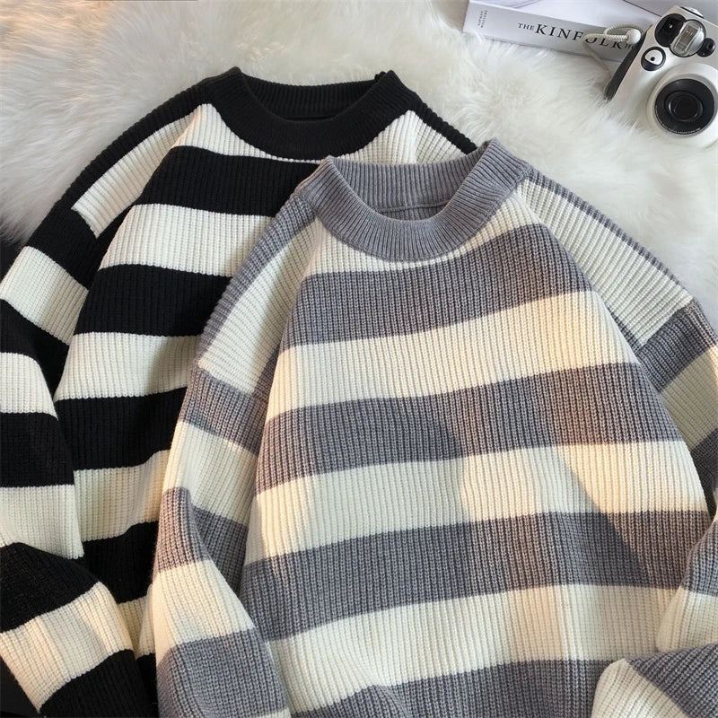 HEARUJOY  -  Men's Winter Sweater Harajuku Fashion Striped Sweter Oversize Pullover Warm Knitted Sweater Men's Clothing