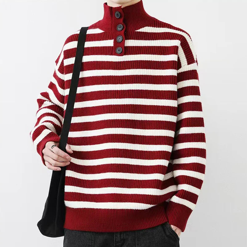 HEARUJOY  -  Fall Winter Daily Casual Men's Sweater Stylish Striped Crochet Knitted Pullover Men Fashion Turtleneck Buttoned Sweaters