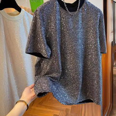 Hearujoy New Loose-fit European Style Bright Sequin Short Sleeve Men's T-shirt Niche Unique Design Sensibility Cool Top