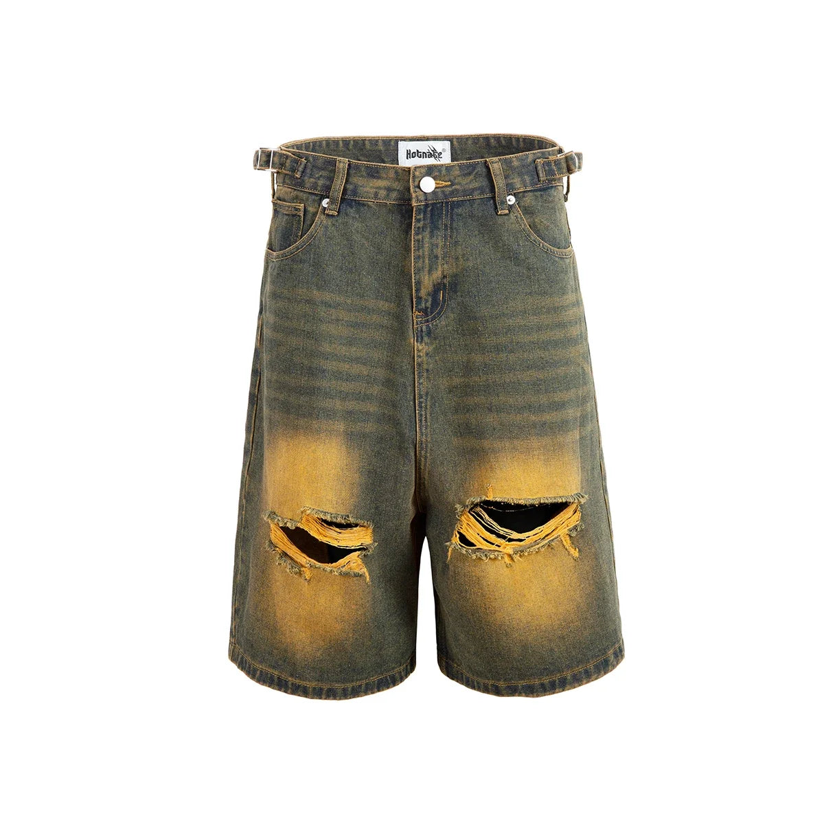 Hearujoy Ripped Hole Washed Yellow Mud Baggy Jeans for Men Straight Distressed Ropa Hombre Casual Denim Shorts Oversized Five Point Pants