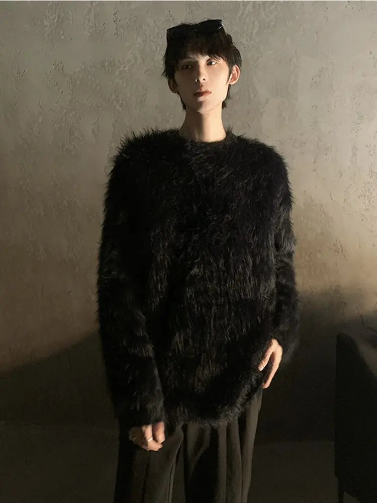 Hearujoy Korean Long Plush Knit Sweater Tops Autumn and Winter Streetwear Imitation Mink Hair Loose Pullover Women Round Neck Jumper Men