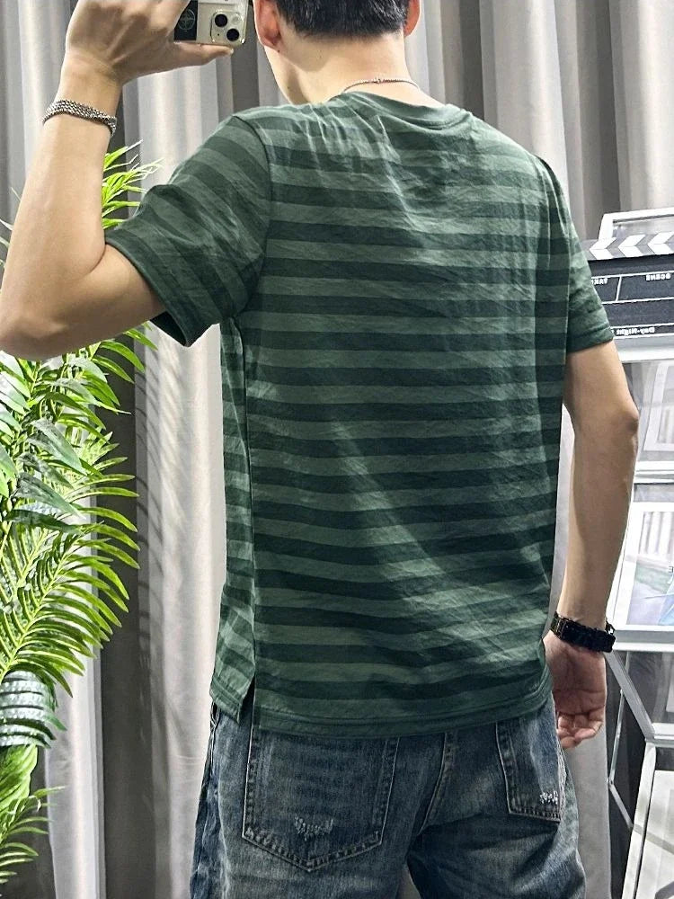 HEARUJOY  -  Man Tee Shirts O Neck Striped Apricot Cotton Linen T Shirt for Men Short Quarter Sleeve Summer Basic Cheap Clothes Ordinary Top