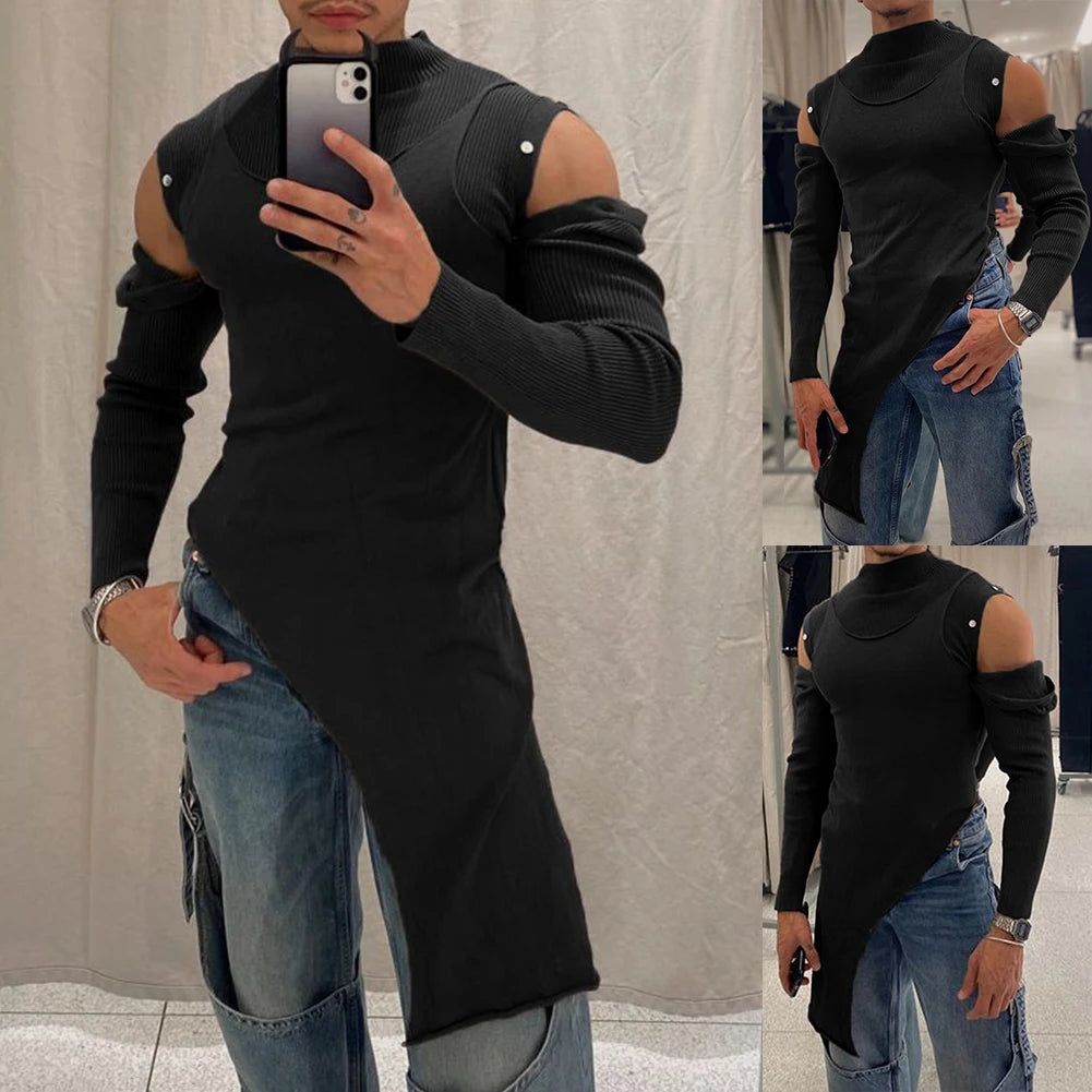 HEARUJOY  -  Everyday Casual Men Long Sleeve T Shirt Irregular Turtleneck Casual Off Shoulder Top Fall Clothing Regular Length