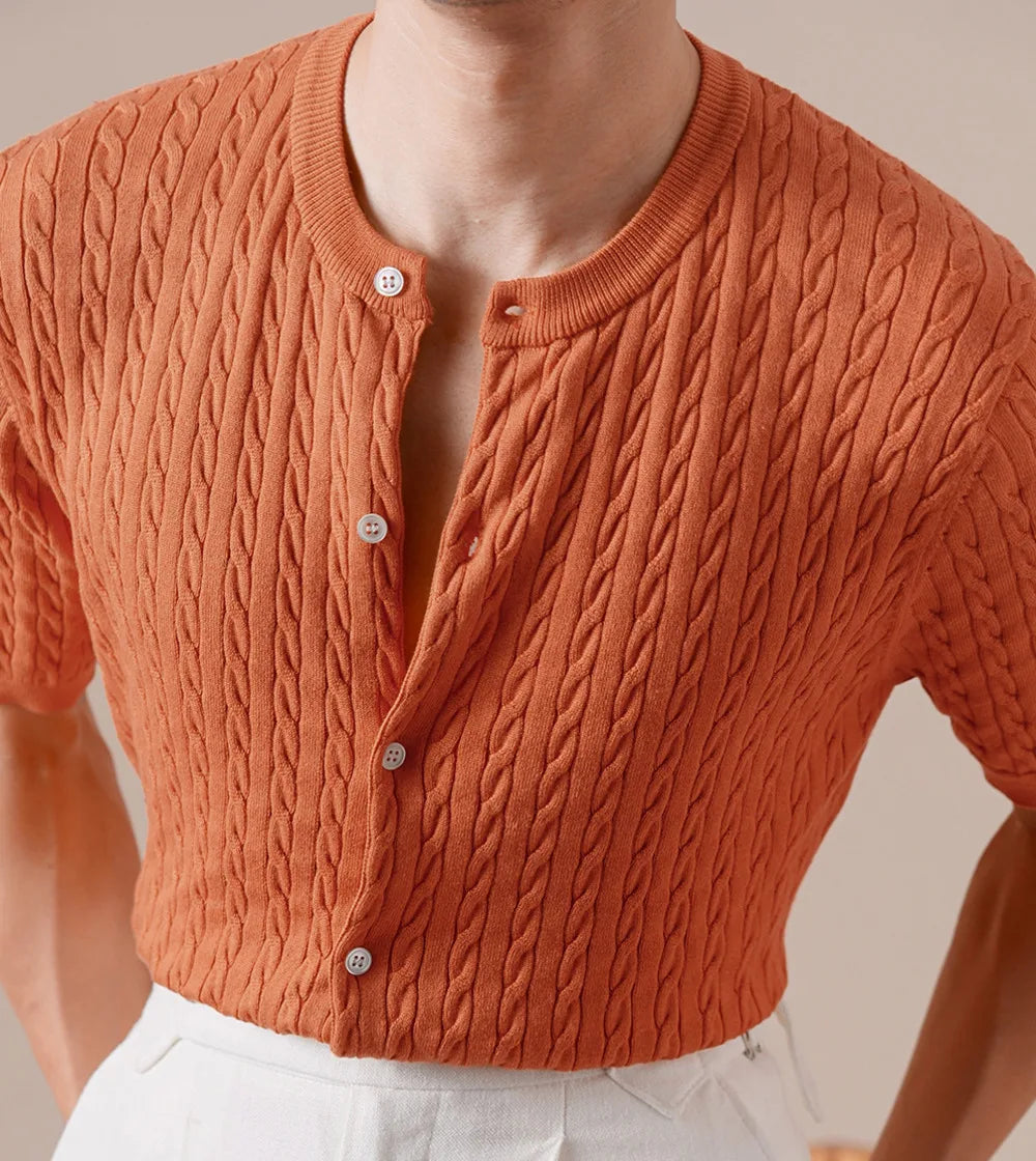 HEARUJOY  -  Summer Tencel Cotton Jacquard Knit Cardigan Men's Short Sleeve Thin Round Neck Draped Casual Business T-Shirt Breathable Polo