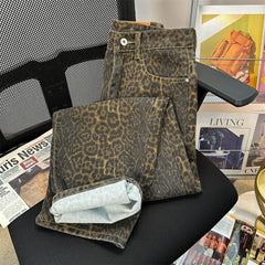 Hearujoy Retro Spring Trendy Leopard Print Jeans Women's American High Street Trousers Y2K Harajuku Style Baggy High Waist Casual Pants