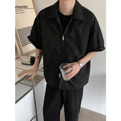 Hearujoy Summer Short Sleeved Shirt Men Fashion Oversized Zip Shirt Men Korean Loose Black White Dres Shirts Mens Ice Silk Shirt M-2XL