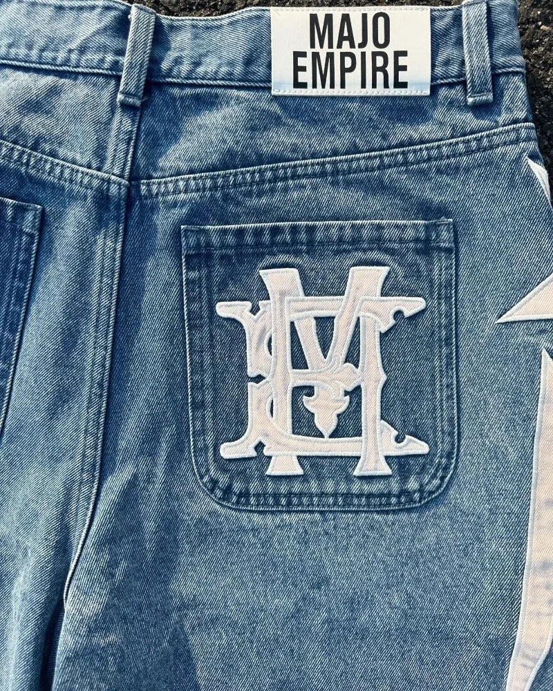 Hearujoy American fashion trend Street style wide-leg Jeans for men Y2k embroidered baggy jeans Goth punk High street casual shorts