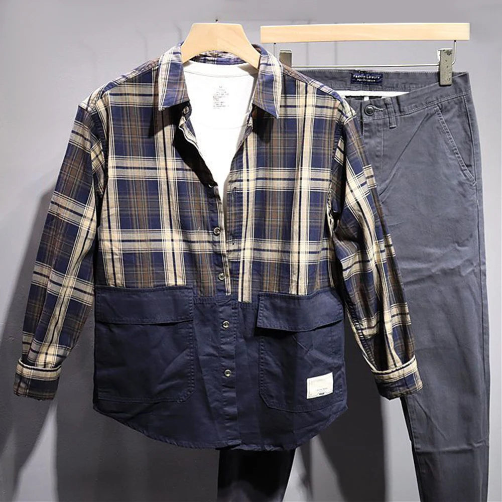 Hearujoy Spring And Summer Casual Shirt For Men Retro Japanese Style Simple Comfortable Spliced Long-Sleeve Loose Plaid Cargo Shirt