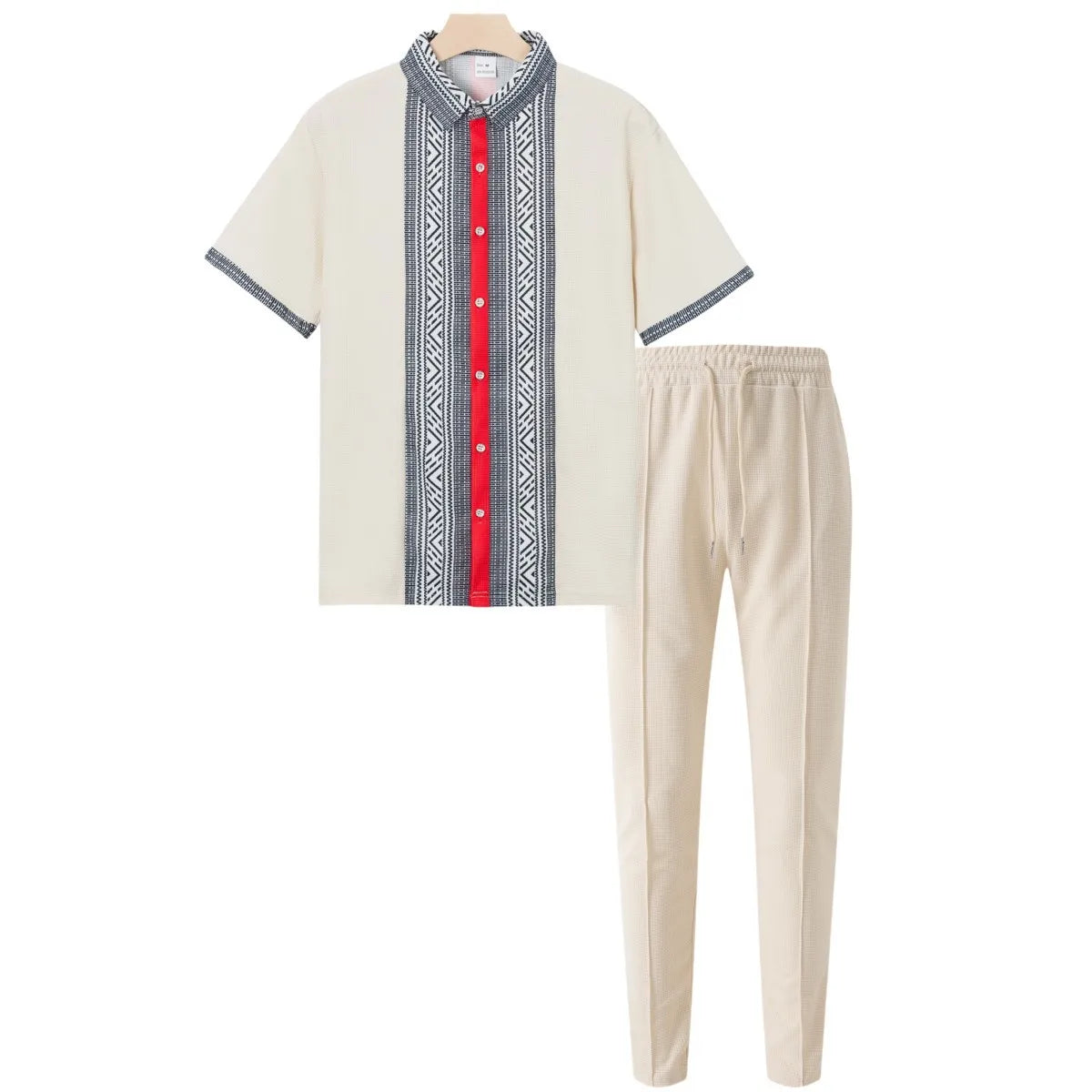 HEARUJOY  -  Summer Men Waffle Outfits Color Blocked Lapel Short Sleeve Shirts And drawstring Pants Two Piece Set Fashion Casual Suits